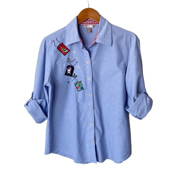 White Stag Embroidery Holidays Christmas Cotton Button Up Shirt Women's M - Picture 3 of 10